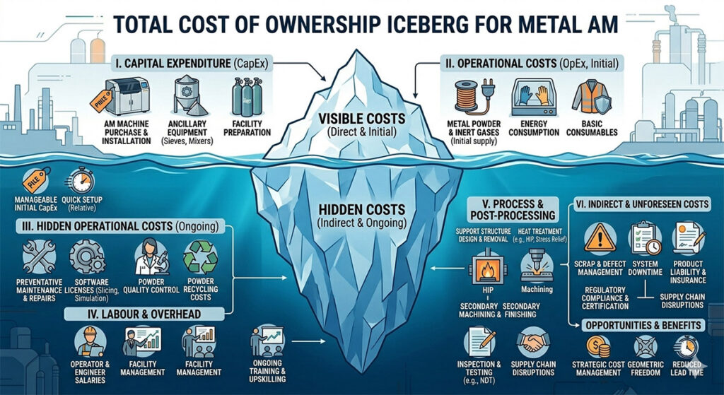 Total cost of ownership iceberg for metal additive manufacturing